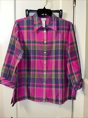 Koret Silk/Cotton 3/4 Length Sleeve Plaid Button Down Top